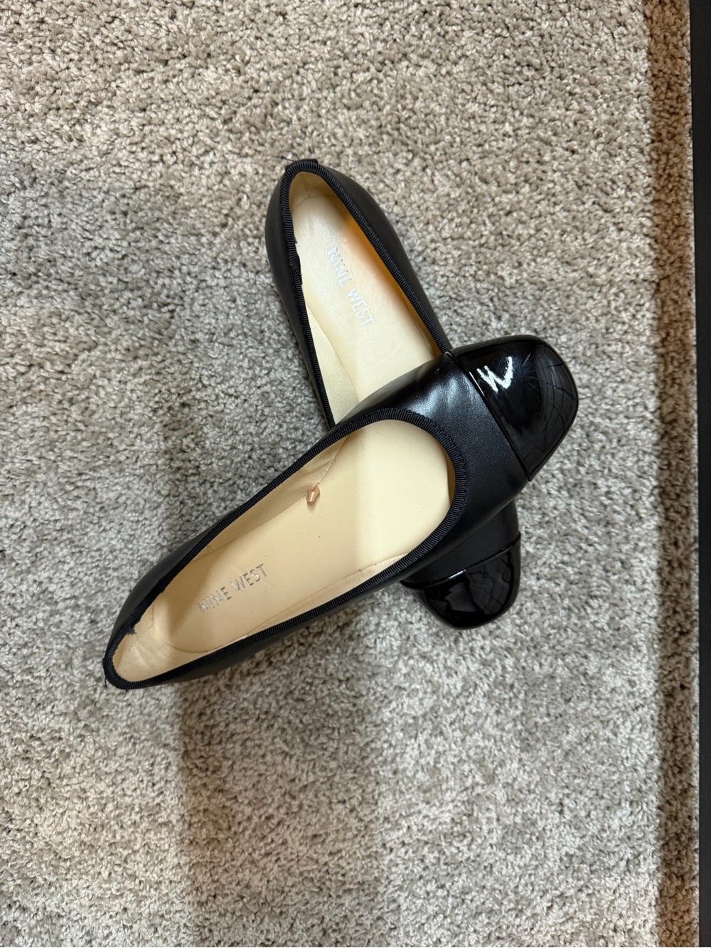 Nine West Black Patent Cap-Toe Flats with Quilted Detail